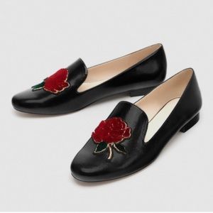 Zara flower appliqué black patent leather loafers